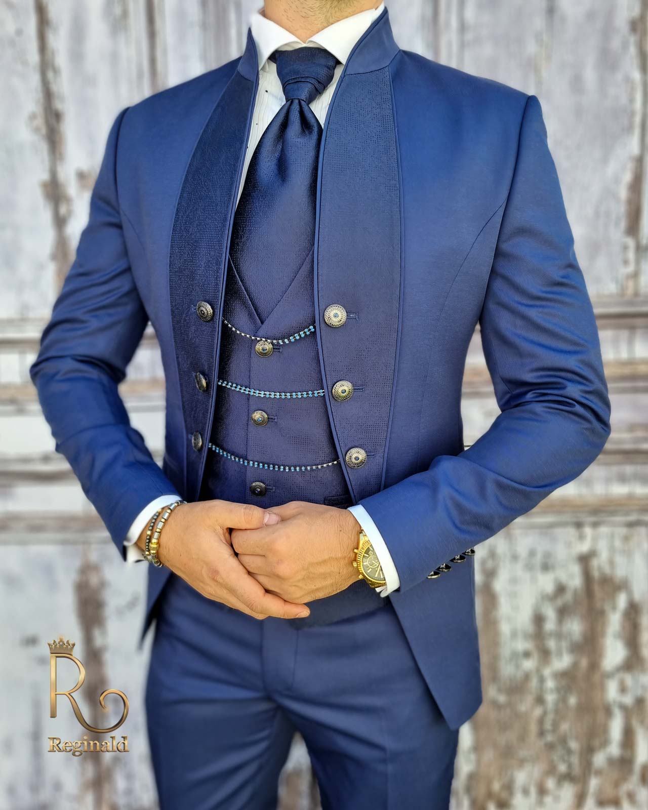 Costum de ceremonie albastru, Colectia 2021 ginere/mire, Sacou-Vesta-Pantalon-Cravata - C1761 - imagine 3