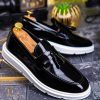 Mocasini casual de bărbați, Piele neagra lăcuită, cu talpa înaltă – AD235