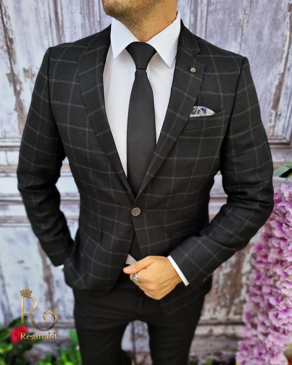 Sacou de barbati, Slim-Fit, negru in carouri - SC419 - imagine 2