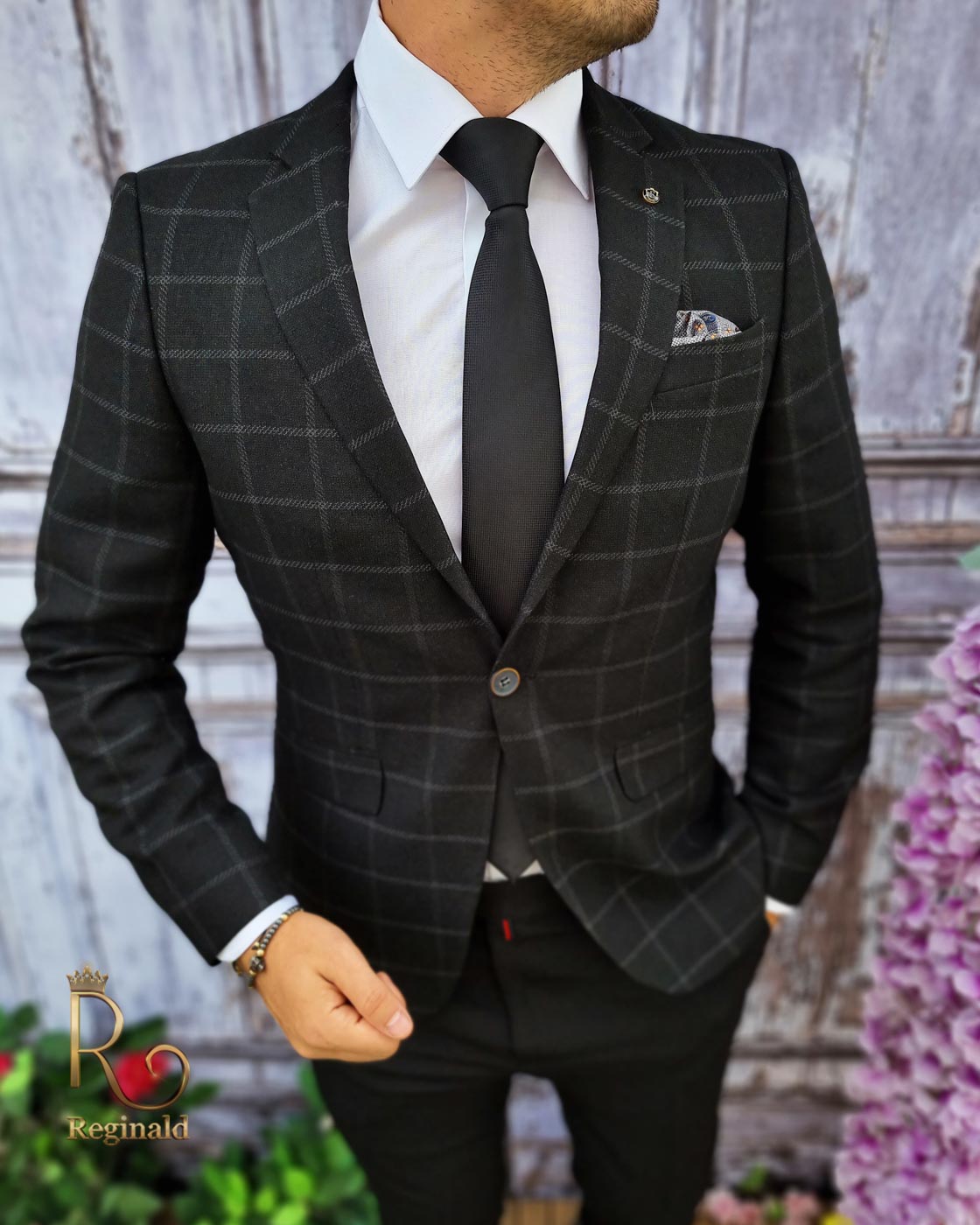 Sacou de barbati, Slim-Fit, negru in carouri - SC419