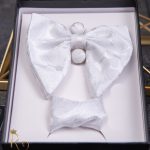 Set papion amplu cu butoni si batista culoare: alb - PP170