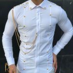 Camasa de barbati alba slim-fit cu lant auriu - CM468