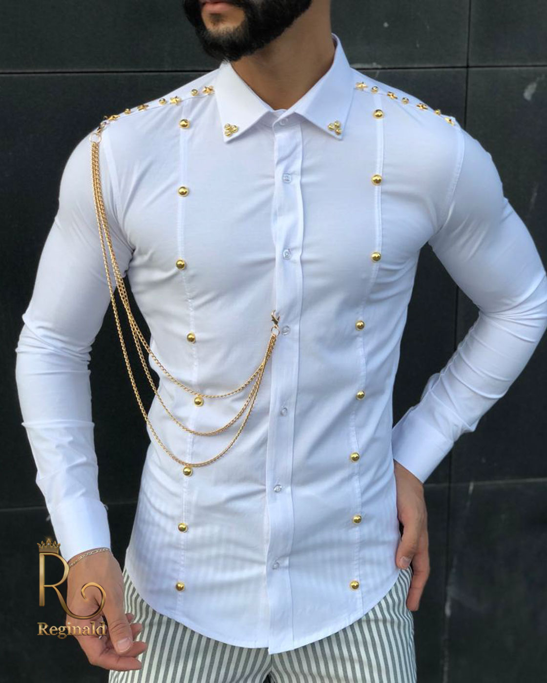 Camasa de barbati alba slim-fit cu lant auriu - CM468