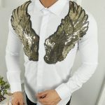Cămașă de bărbați, Slim Fit, Alba cu strasuri - CM461