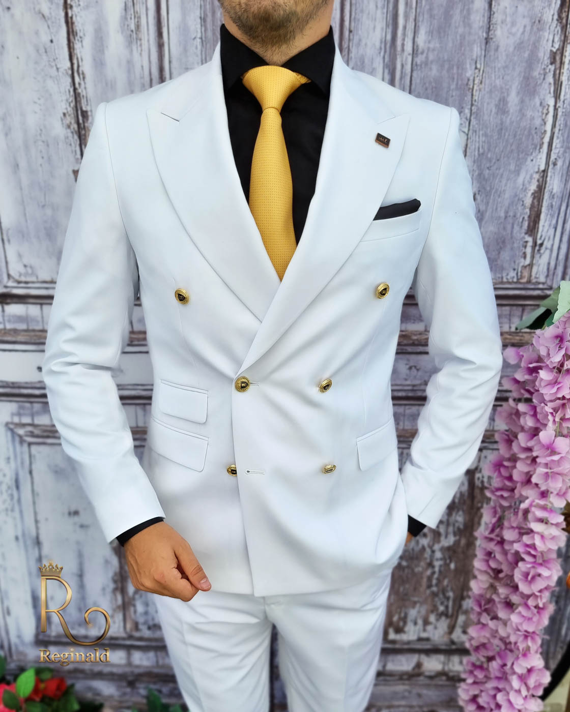Costum de barbati elegant alb cu butoni aurii Sacou si Pantalon - C2058