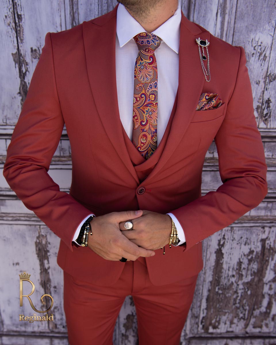 Men's suit, Slim-Fit, Jacket-Vest-Pants, color: raspberry red - C1950