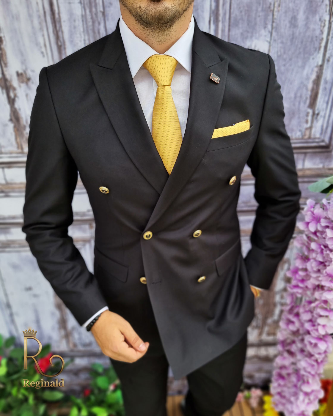 Costum de barbati elegant negru cu butoni aurii Sacou si Pantalon - C2057