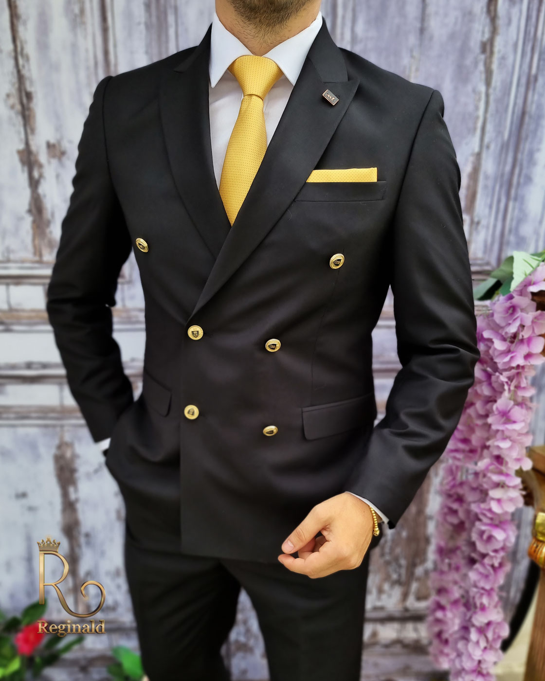 Costum de barbati elegant negru cu butoni aurii Sacou si Pantalon - C2057 - imagine 2
