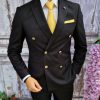 Costum de barbati elegant negru cu butoni aurii Sacou si Pantalon - C2057