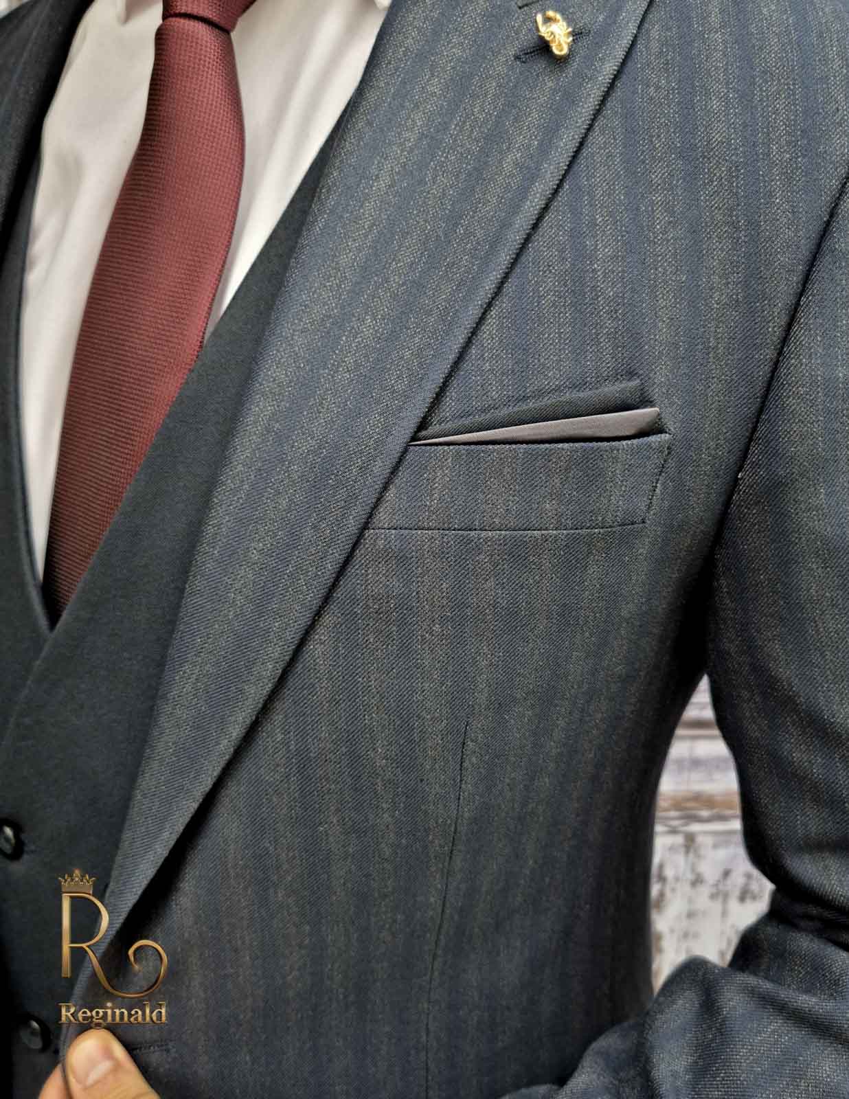 Costum de barbati, Sacou bleumarin in dungi, Vesta si Pantalon slim-fit- C2020 - imagine 5