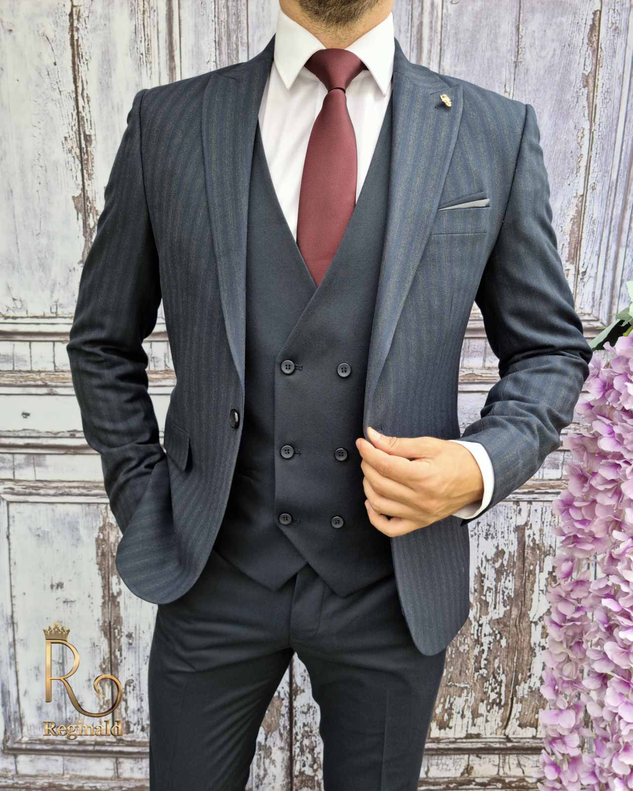 Costum de barbati, Sacou bleumarin in dungi, Vesta si Pantalon slim-fit- C2020