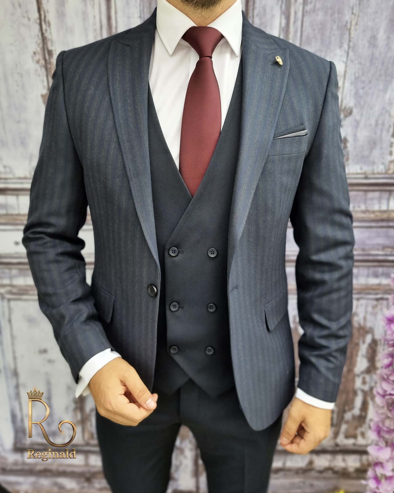 Costum de barbati, Sacou bleumarin in dungi, Vesta si Pantalon slim-fit- C2020 - imagine 3