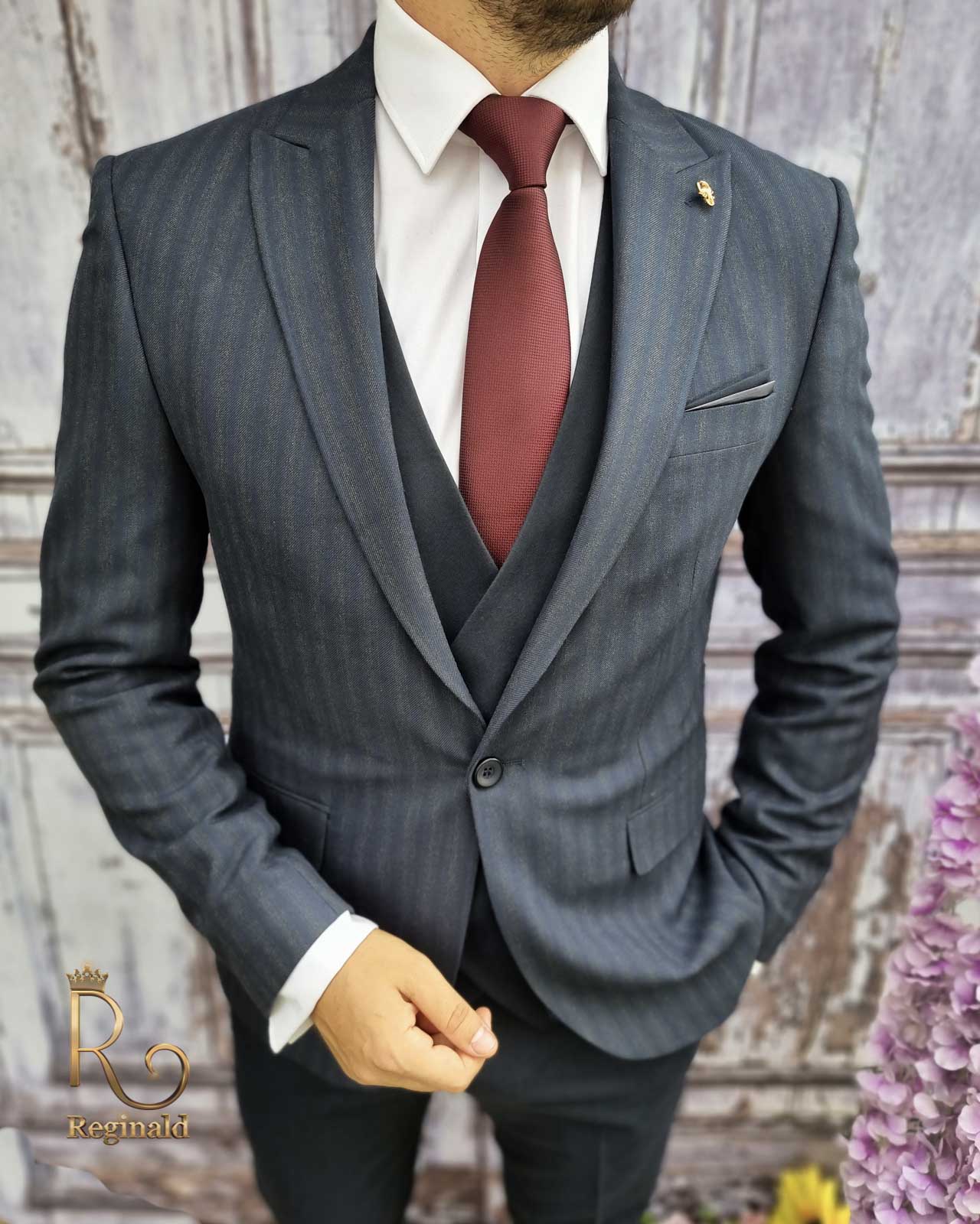 Costum de barbati, Sacou bleumarin in dungi, Vesta si Pantalon slim-fit- C2020 - imagine 2