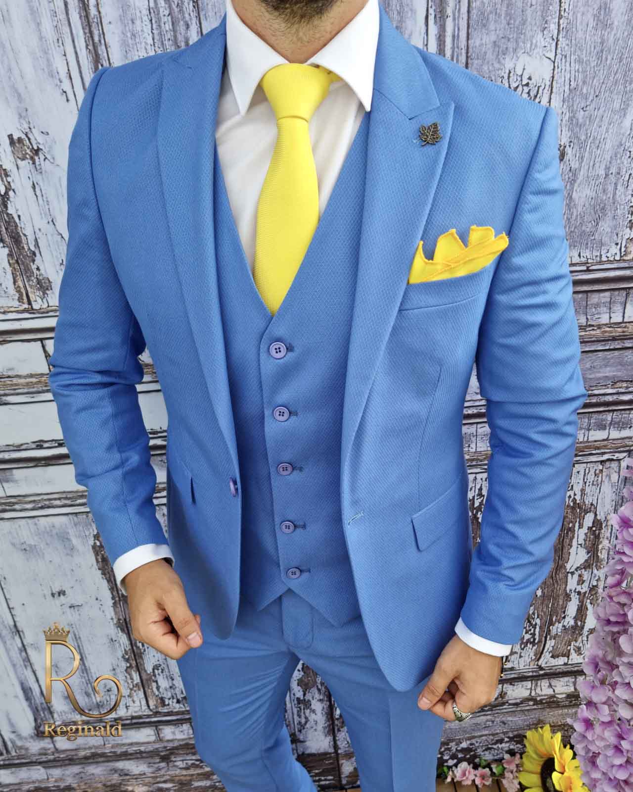 Costum de barbati, Sacou navy bleu, Vesta si Pantalon slim-fit-C2516 - imagine 5