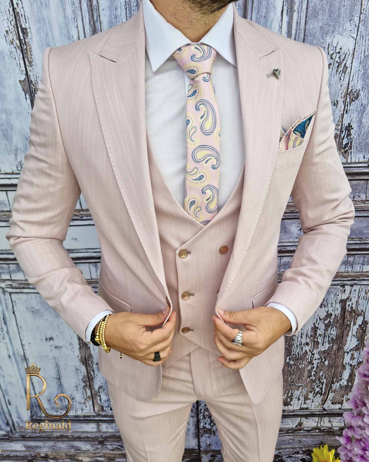 Costum de barbati, Sacou roz pal, Vesta si Pantalon slim-fit - C2052 - imagine 2
