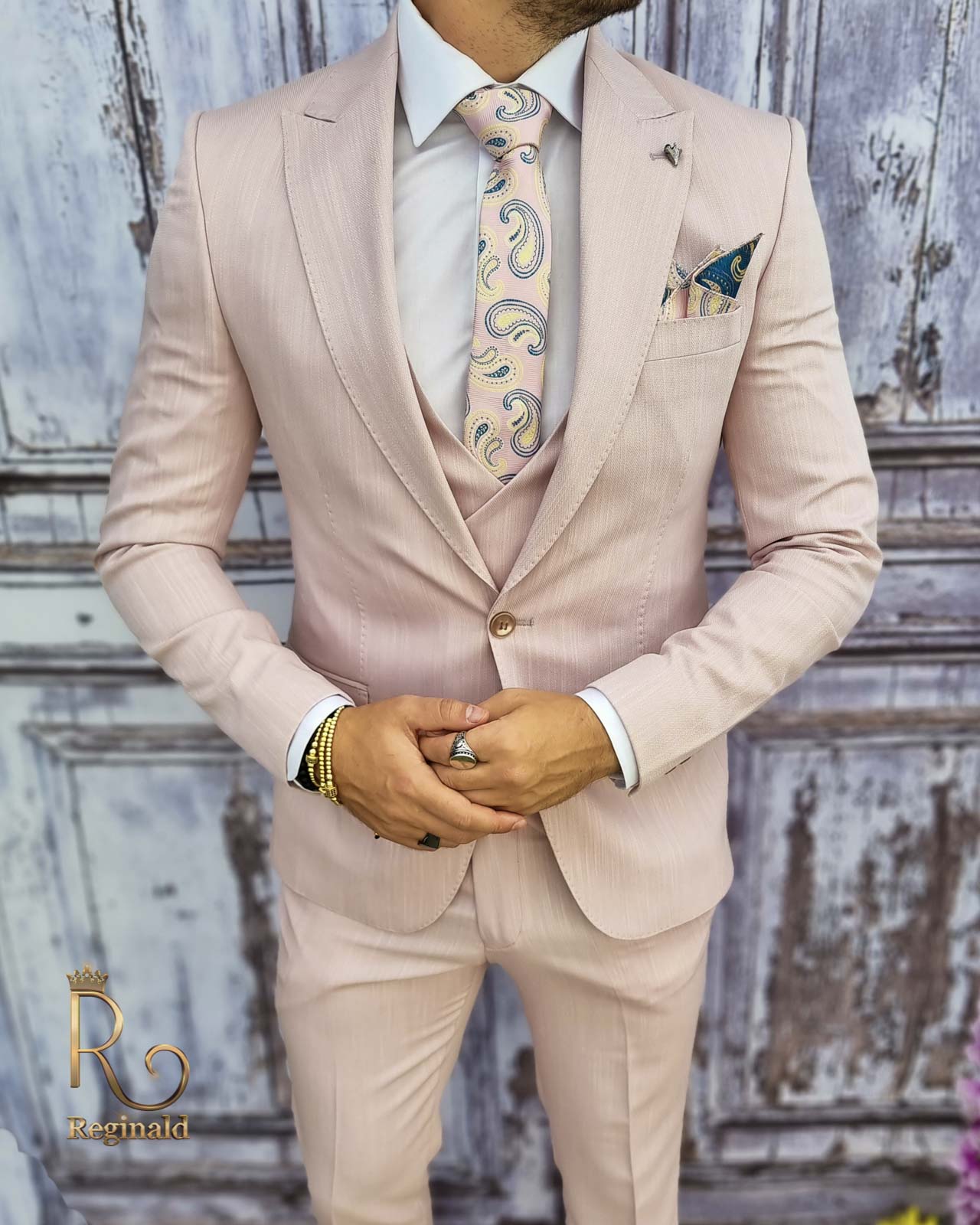 Costum de barbati, Sacou roz pal, Vesta si Pantalon slim-fit - C2052 - imagine 3