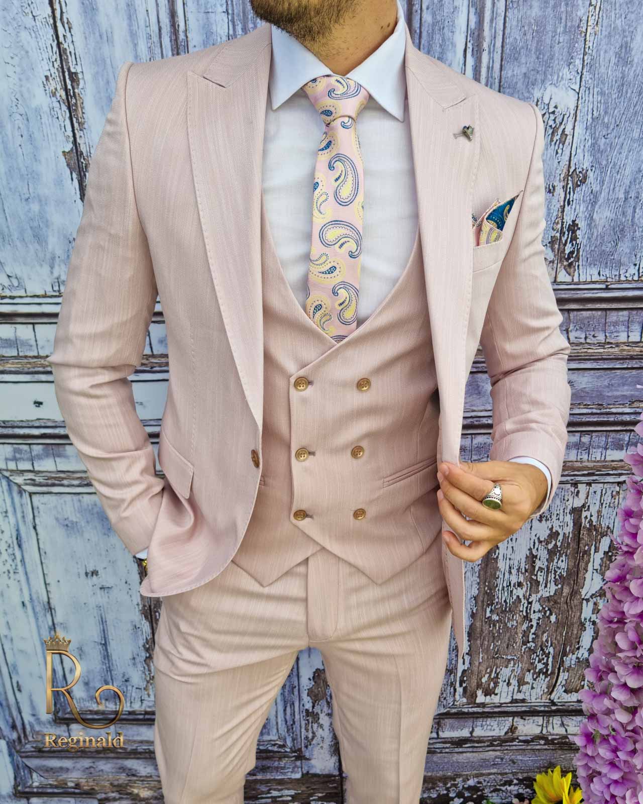 Costum de barbati, Sacou roz pal, Vesta si Pantalon slim-fit - C2052