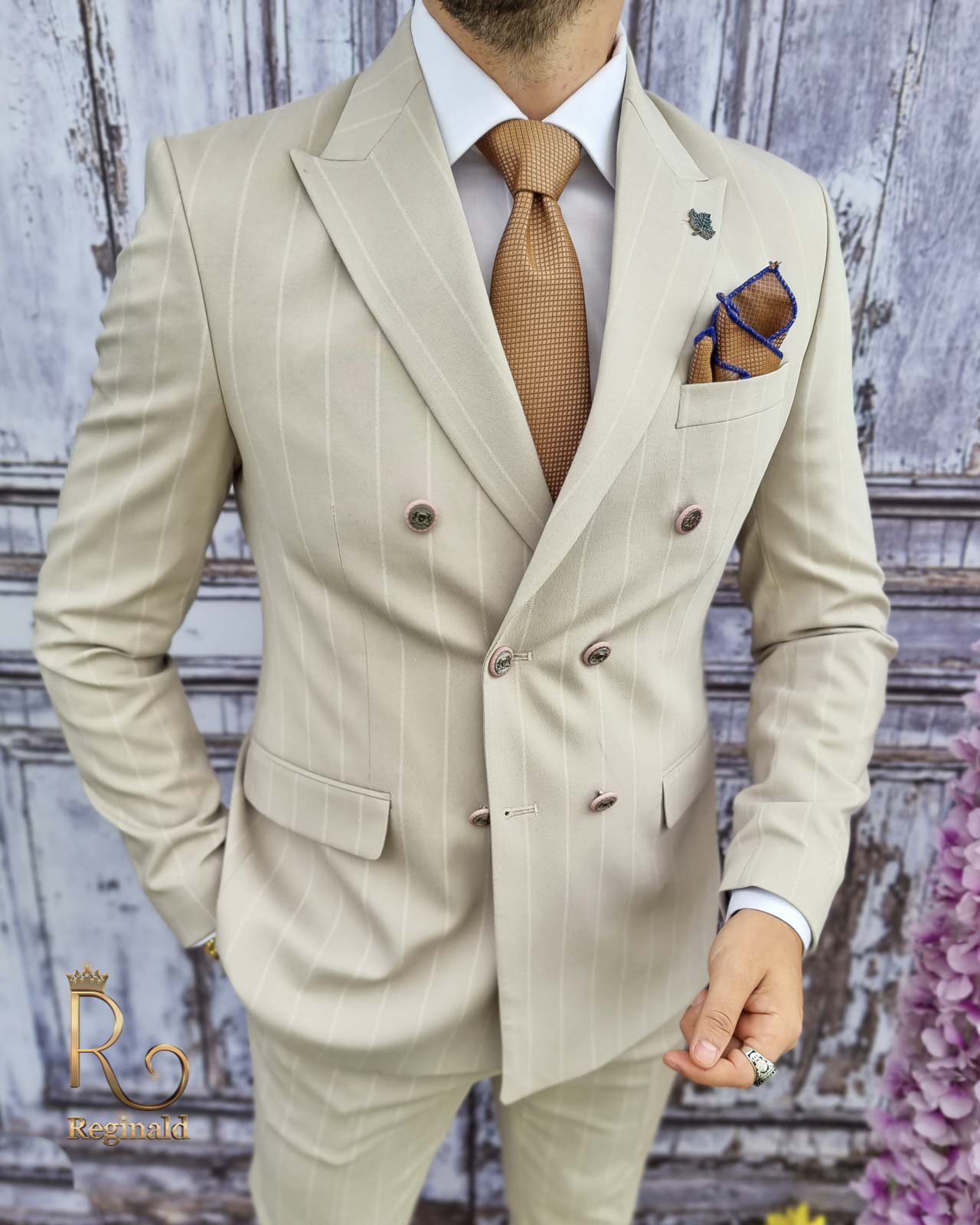 Costum de barbati, Sacou bej in dungi si Pantalon slim-fit - C2511