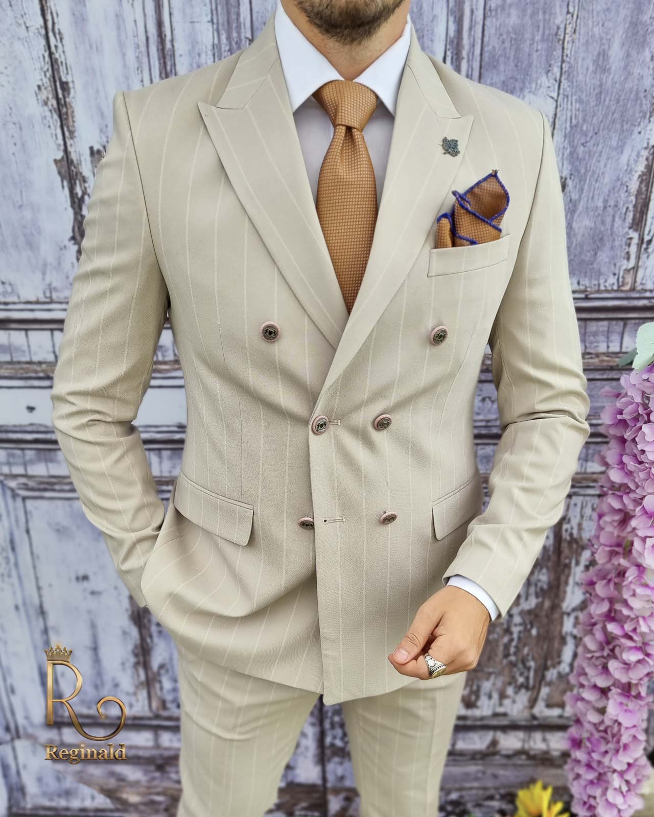 Costum de barbati, Sacou bej in dungi si Pantalon slim-fit - C2511 - imagine 4