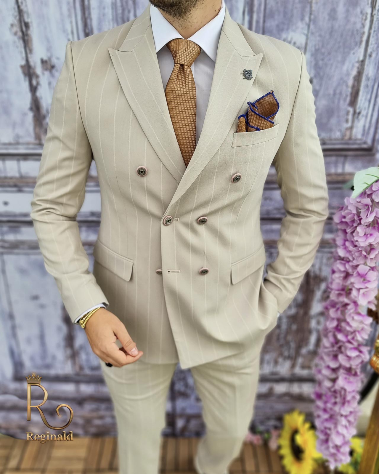 Costum de barbati, Sacou bej in dungi si Pantalon slim-fit - C2511 - imagine 2