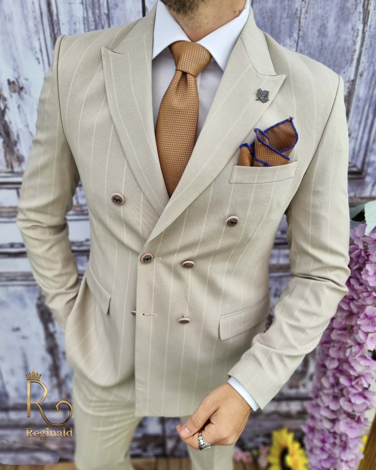 Costum de barbati, Sacou bej in dungi si Pantalon slim-fit - C2511 - imagine 3