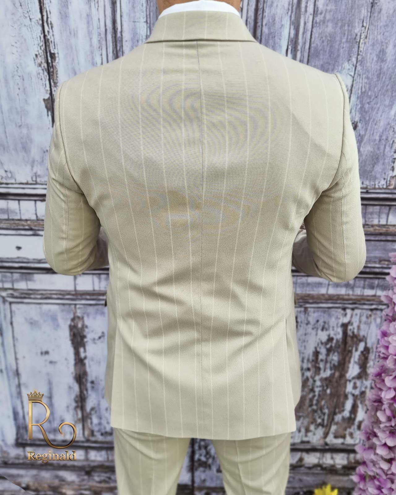 Costum de barbati, Sacou bej in dungi si Pantalon slim-fit - C2511 - imagine 5