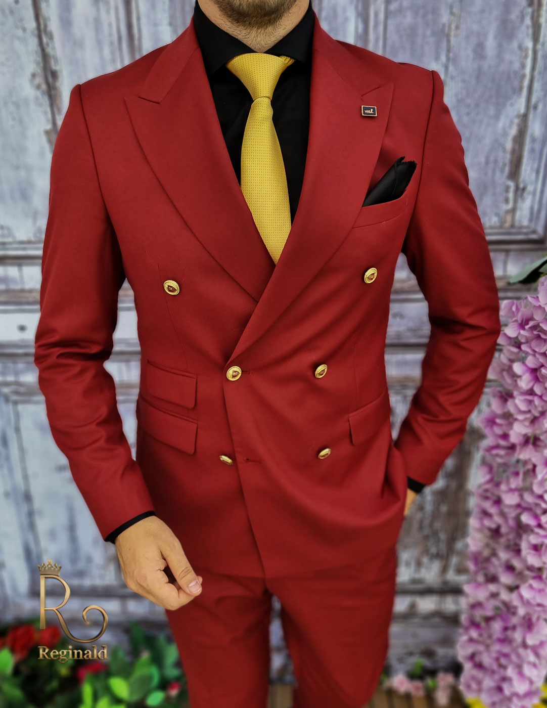 Costum de barbati elegant visiniu cu butoni aurii Sacou si Pantalon - C2055