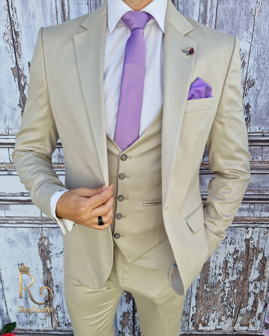 Costum elegant de barbati bej, Vesta si Pantalon slim-fit- C2048 - imagine 3
