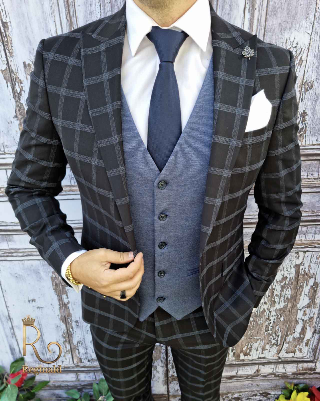 Costum Smart casual barbati negru in carouri Sacou, Vesta si Pantalon slim-fit- C2036