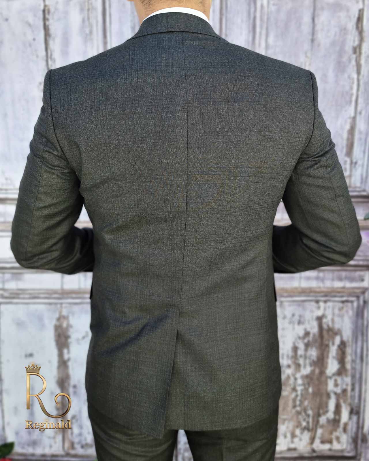 Costum elegant de barbati gri inchis in carouri Sacou, Vesta si Pantalon slim-fit- C2037 - imagine 4