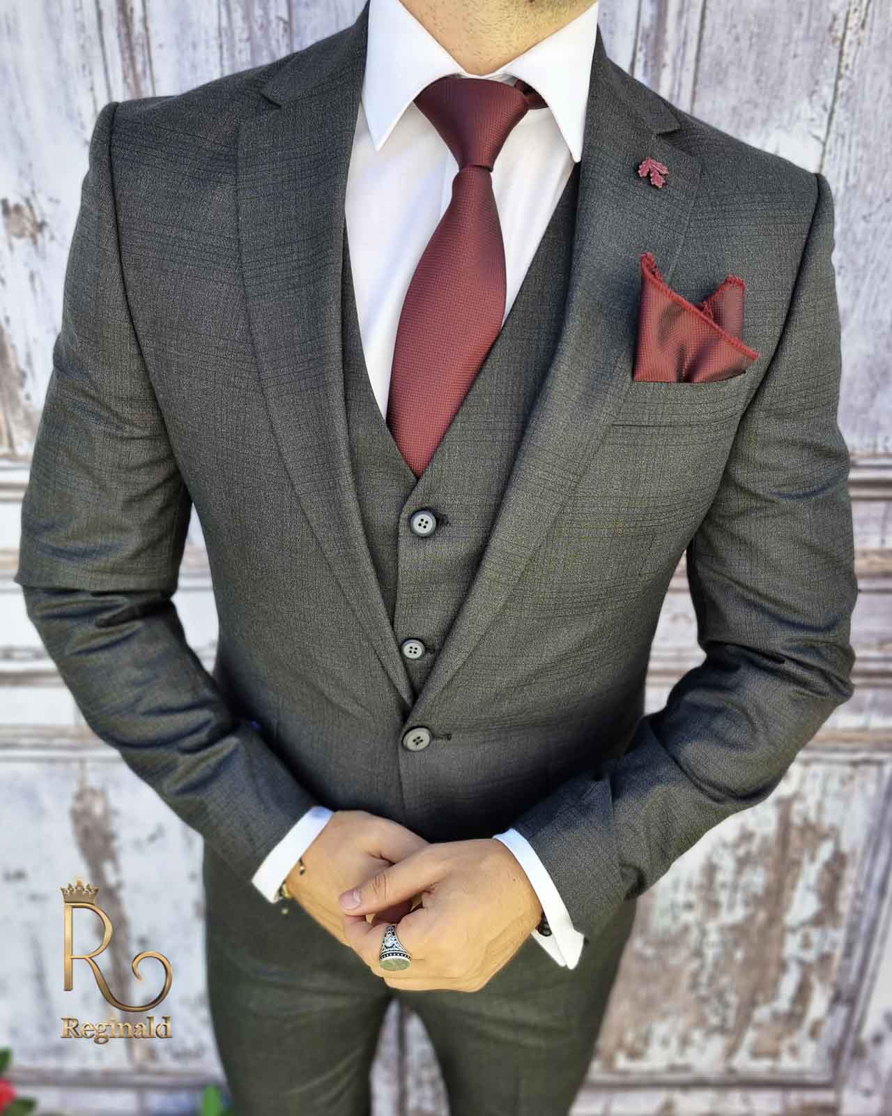 Costum elegant de barbati gri inchis in carouri Sacou, Vesta si Pantalon slim-fit- C2037 - imagine 2