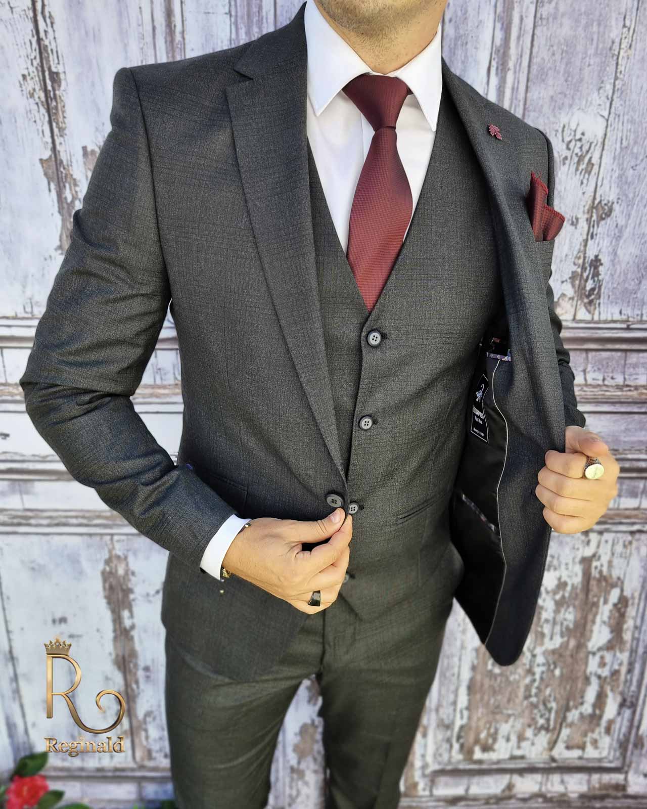 Costum elegant de barbati gri inchis in carouri Sacou, Vesta si Pantalon slim-fit- C2037 - imagine 3