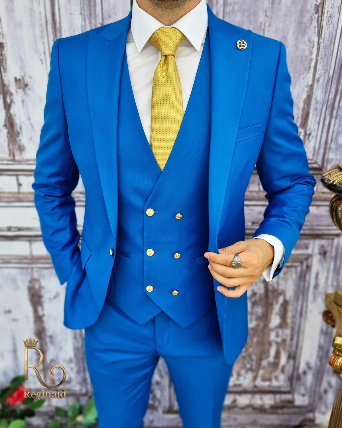 Costum de barbati, Slim Fit, bleu cu nasturi aurii, Sacou, Vesta si Pantalon - C1650