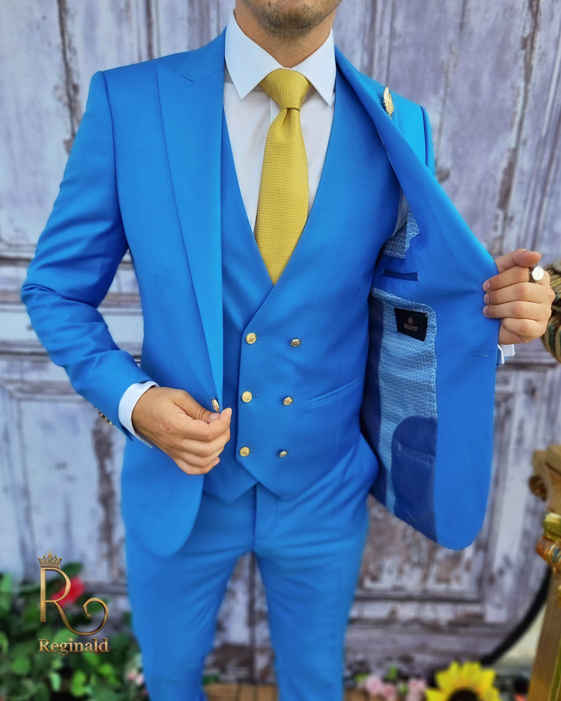 Sacou si vesta de bărbați, Slim Fit, Bleu cu butoni aurii - SC759