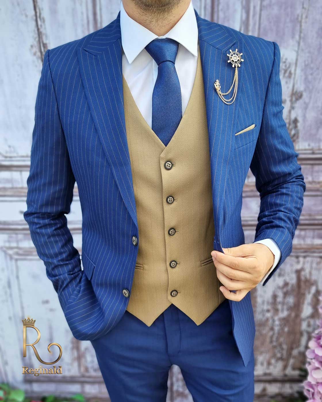 Costum barbatesc slim-fit albastru, Sacou in dungi + Vesta + Pantalon - C3132 - imagine 5