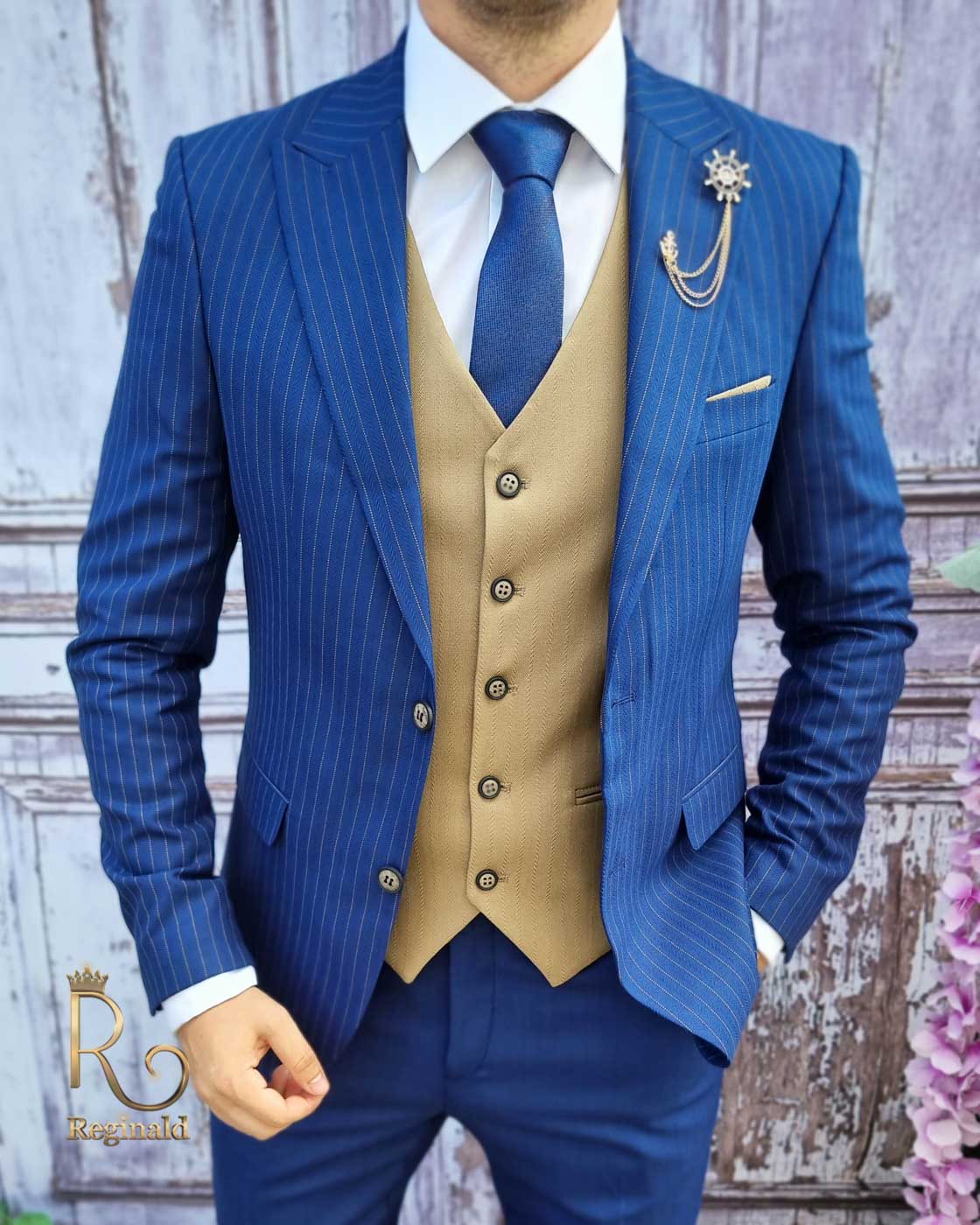 Costum barbatesc slim-fit albastru, Sacou in dungi + Vesta + Pantalon - C3132 - imagine 3