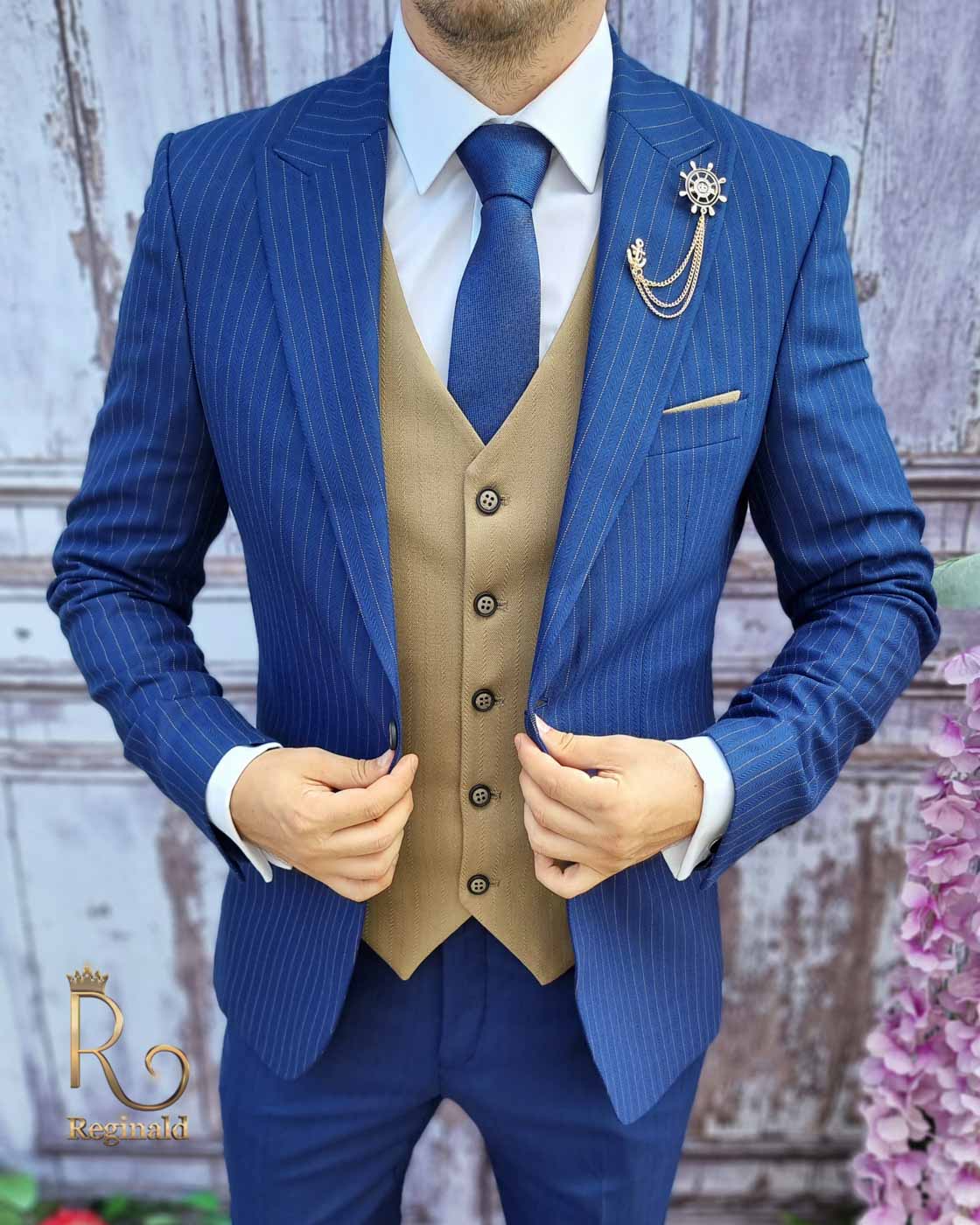 Costum barbatesc slim-fit albastru, Sacou in dungi + Vesta + Pantalon - C3132 - imagine 2