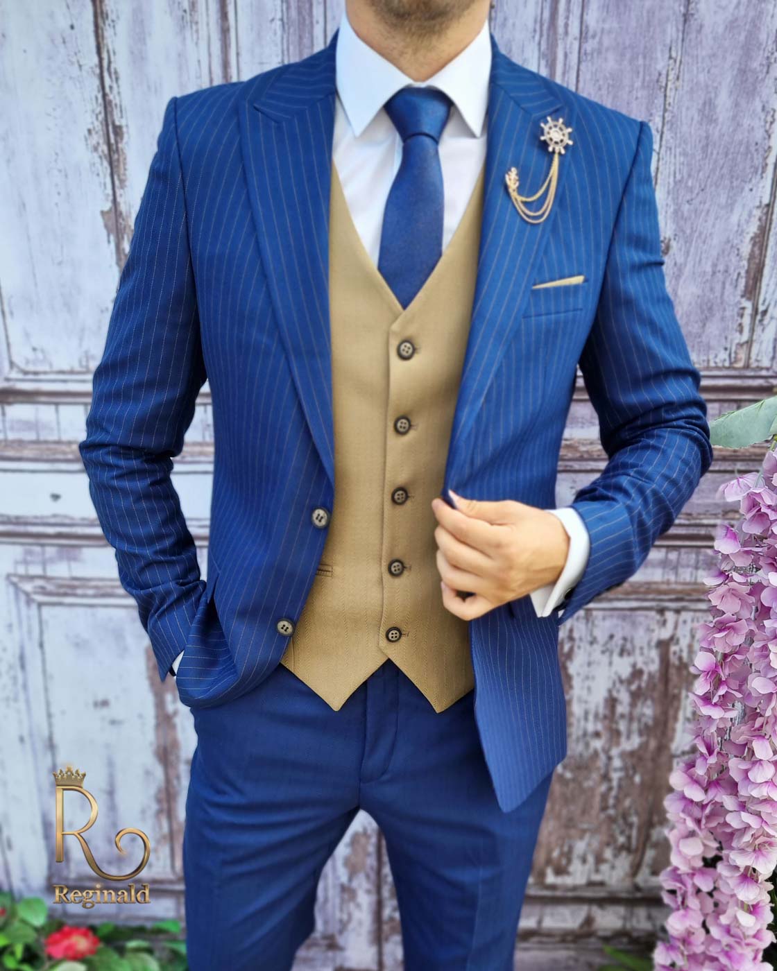 Costum barbatesc slim-fit albastru, Sacou in dungi + Vesta + Pantalon - C3132