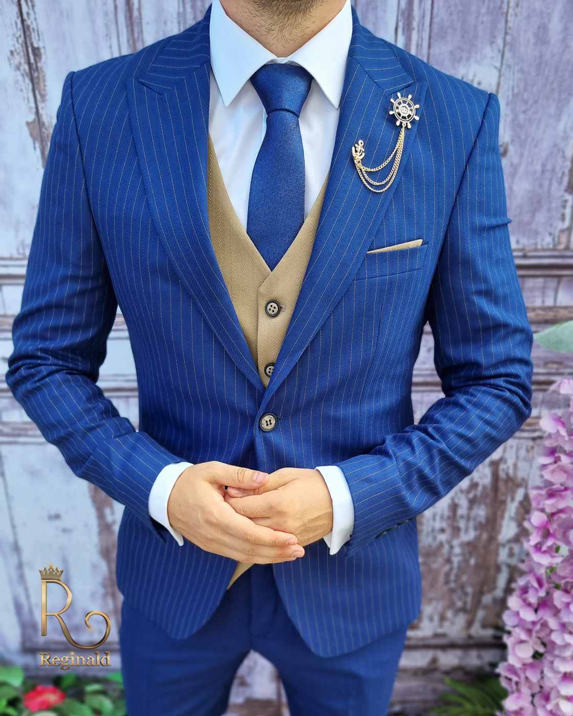 Costum barbatesc slim-fit albastru, Sacou in dungi + Vesta + Pantalon - C3132 - imagine 4