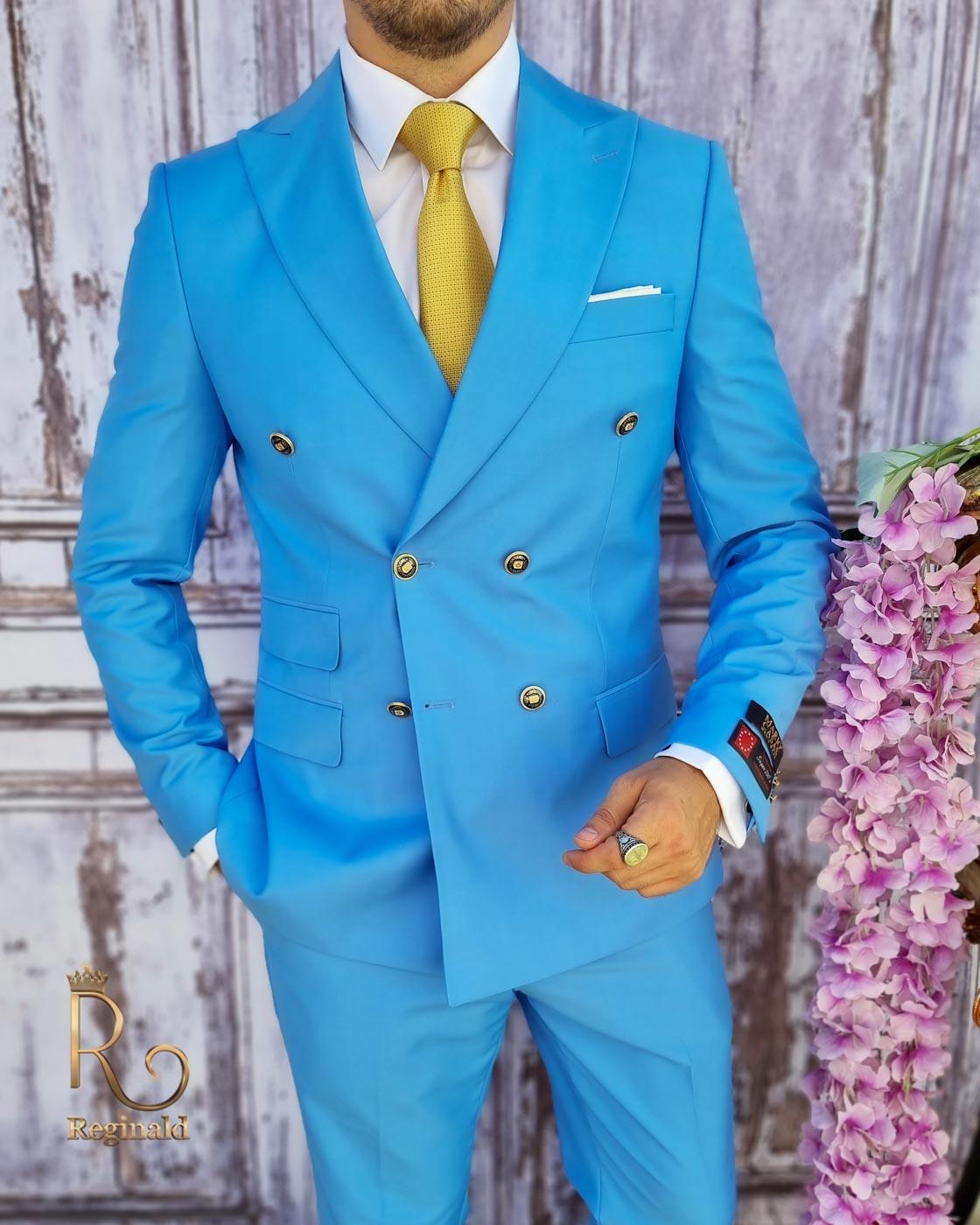 Costum barbatesc din 100% lana Super 200`s, bleu cu butoni aurii - C3103