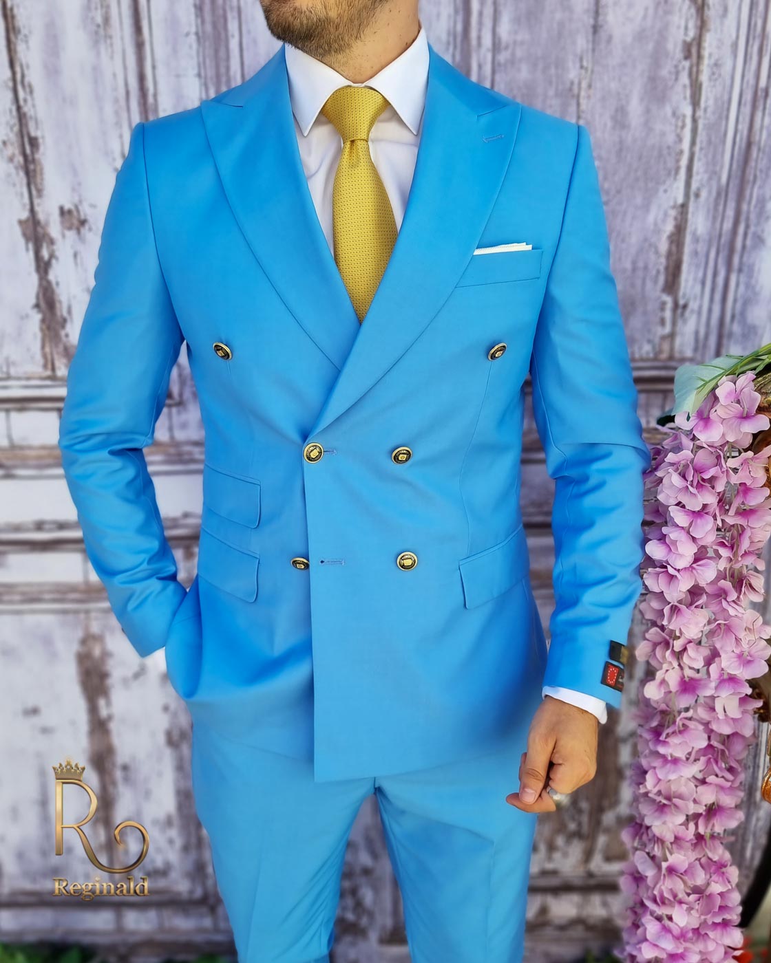 Costum barbatesc din 100% lana Super 200`s, bleu cu butoni aurii - C3103 - imagine 2