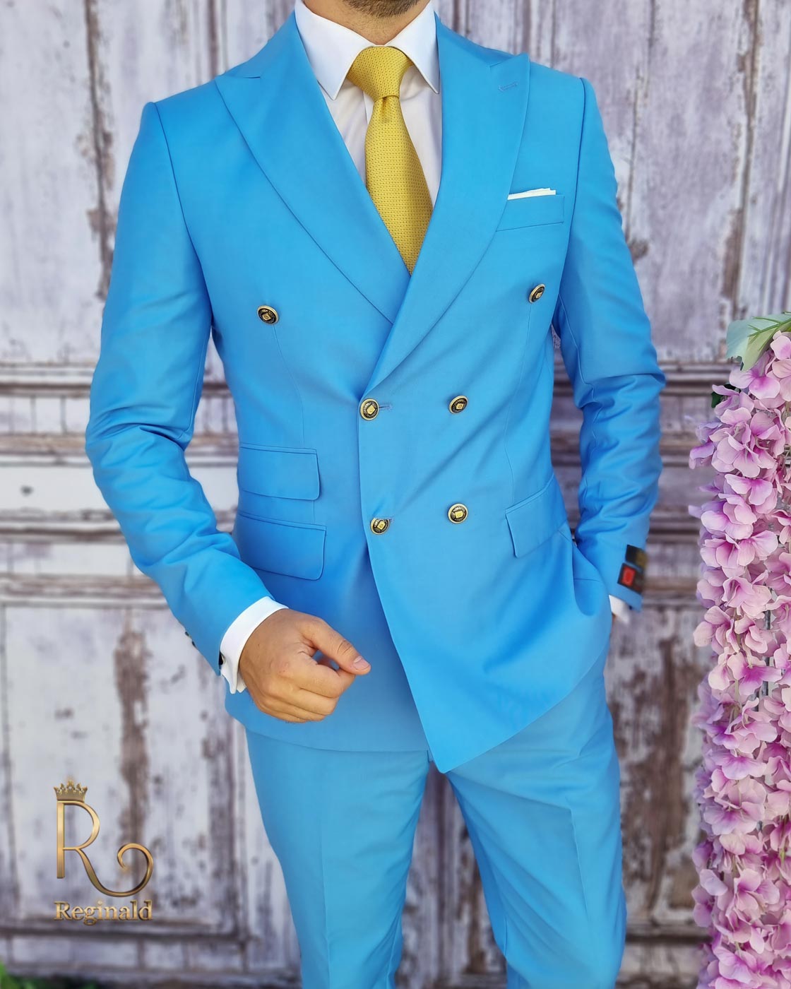 Costum barbatesc din 100% lana Super 200`s, bleu cu butoni aurii - C3103 - imagine 3