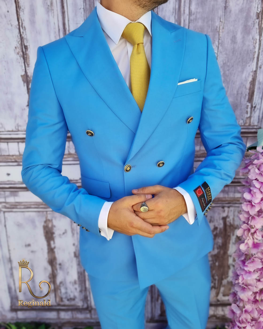 Costum barbatesc din 100% lana Super 200`s, bleu cu butoni aurii - C3103 - imagine 4