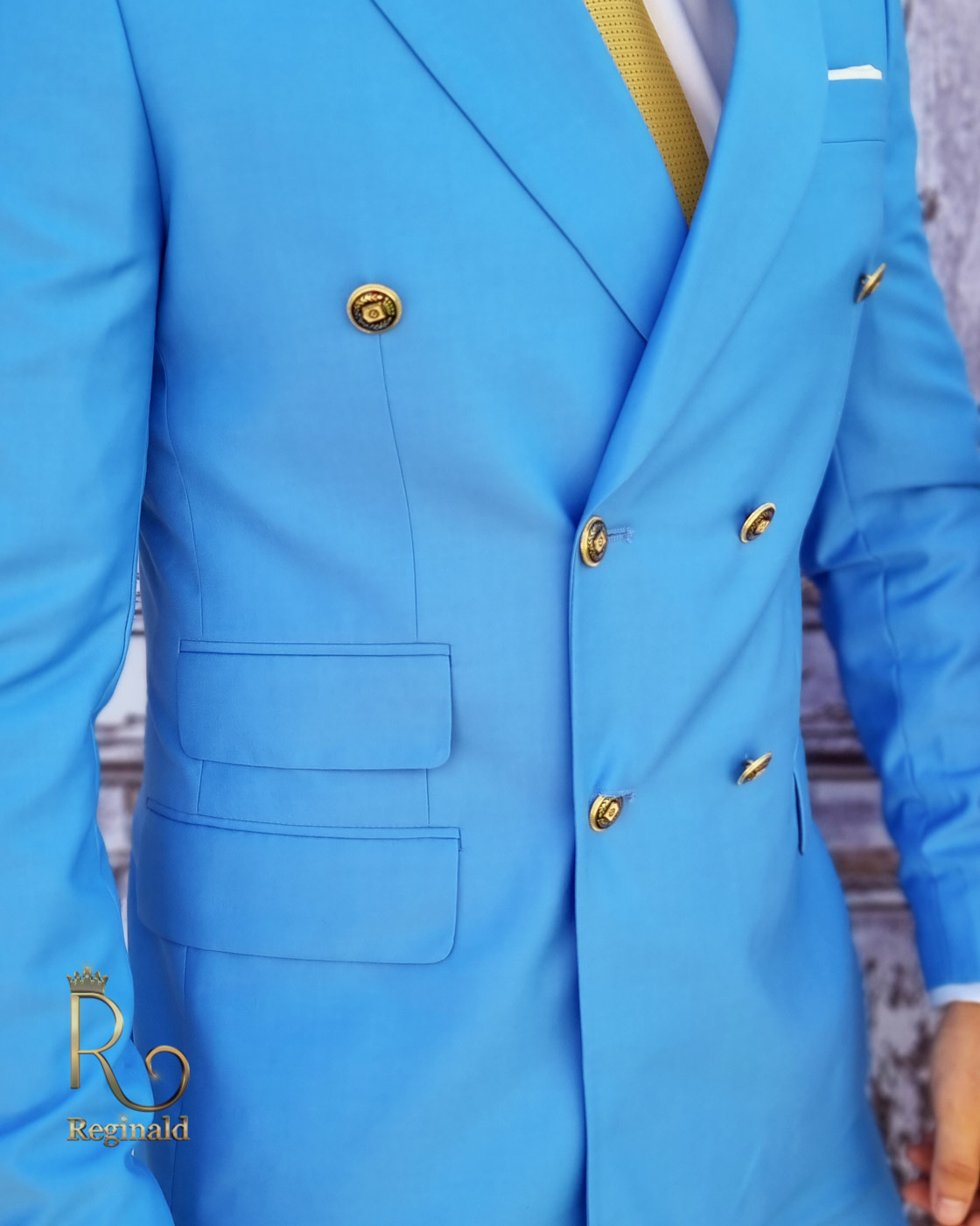 Costum barbatesc din 100% lana Super 200`s, bleu cu butoni aurii - C3103 - imagine 5