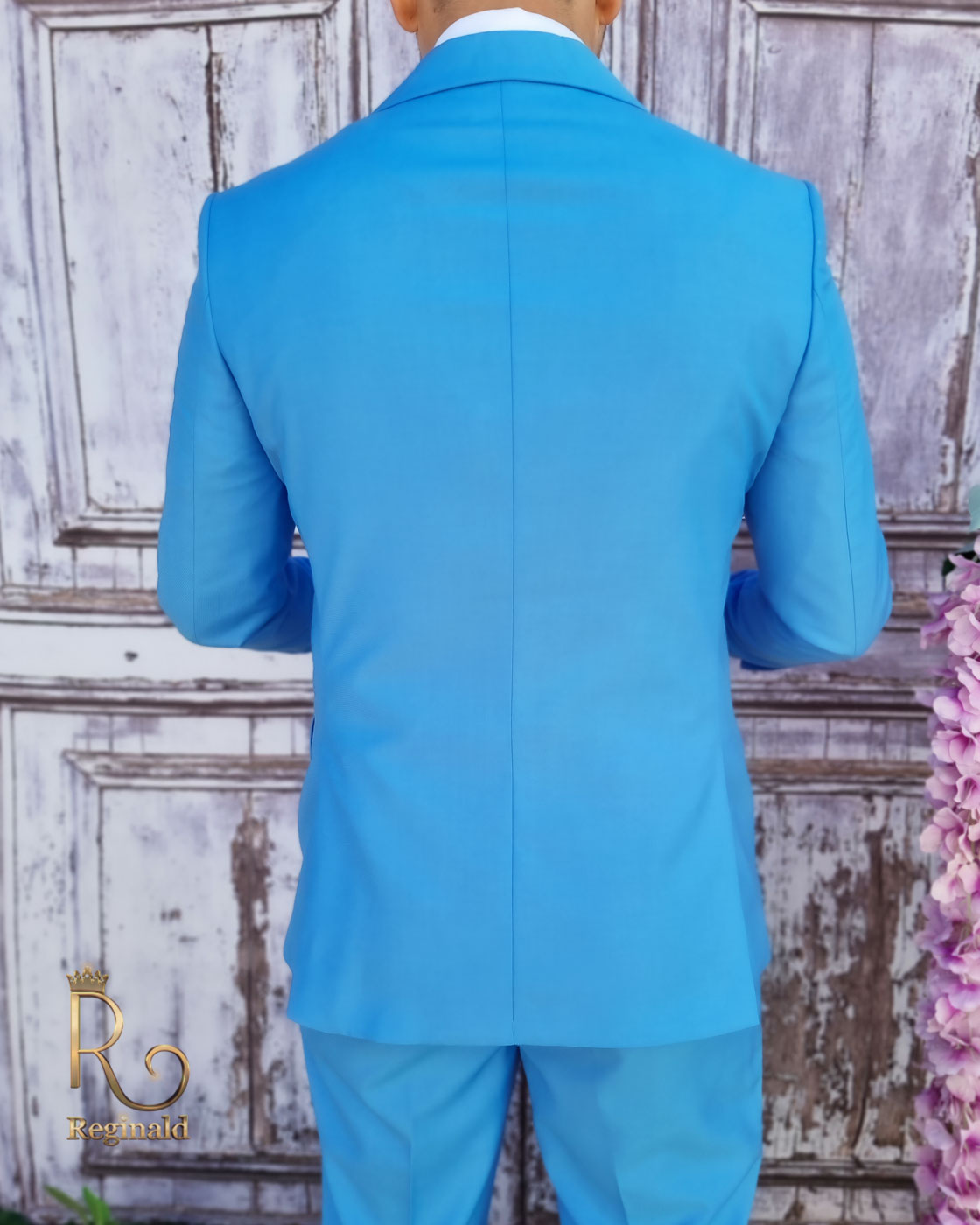 Costum barbatesc din 100% lana Super 200`s, bleu cu butoni aurii - C3103 - imagine 6