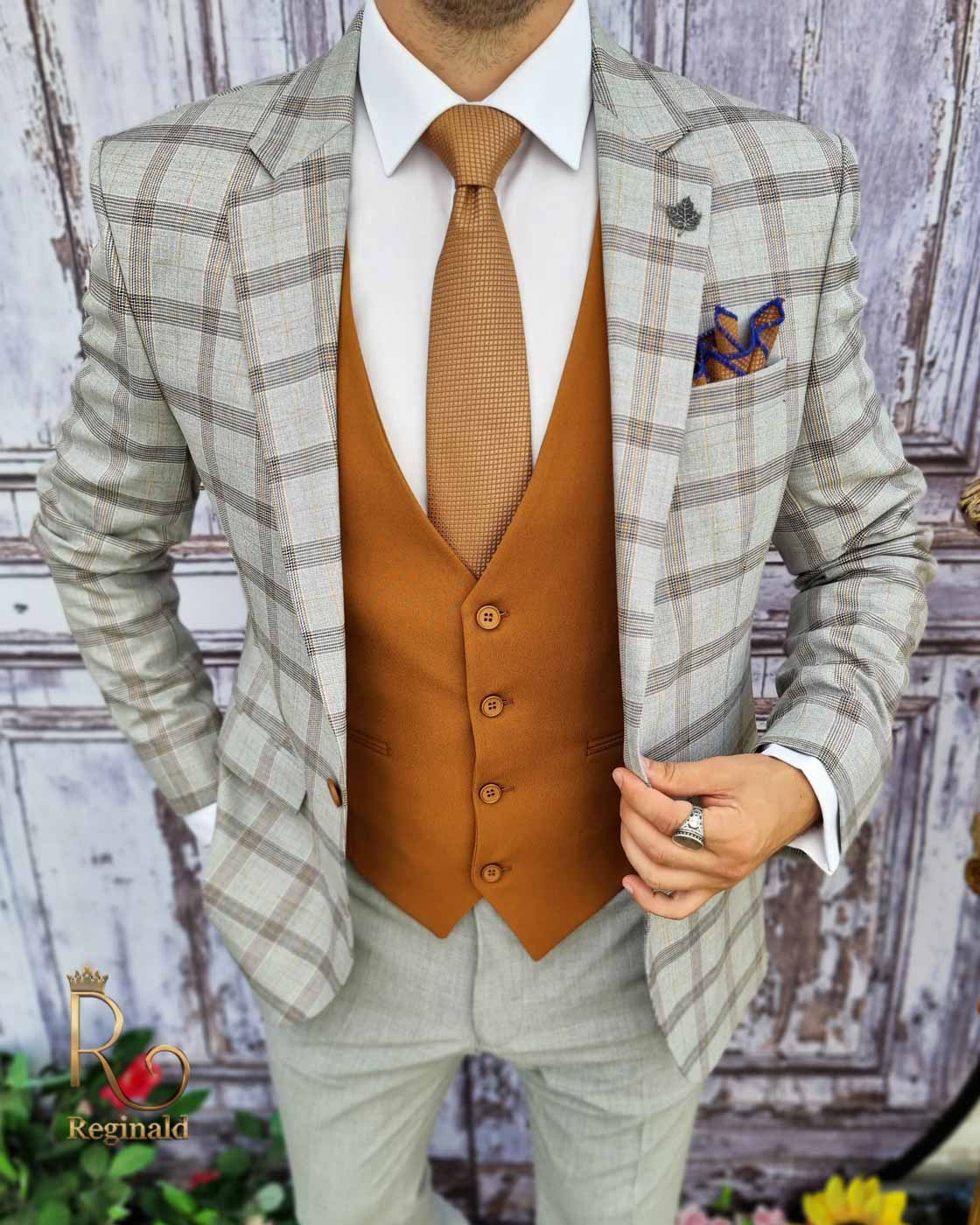 Costum barbati gri, cu vesta maro : Sacou, Vesta si Pantalon - C2550 - imagine 4