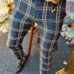 Pantaloni de barbati bleumarin in carouri, croiala slim-fit, elastici si conici  - PN517