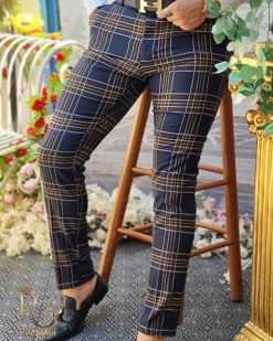 Alternative view of Pantaloni de barbati bleumarin in carouri, croiala slim-fit, elastici si conici  - PN528