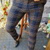 Pantaloni de barbati bleumarin in carouri, croiala slim-fit, elastici si conici  - PN528