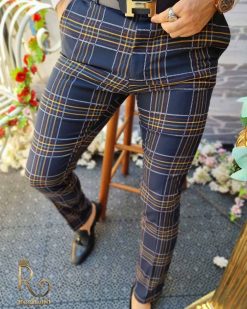 Pantaloni de barbati bleumarin in carouri, croiala slim-fit, elastici si conici - PN528